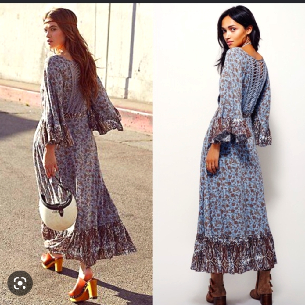Free People All Mixed Up Lace Up Flare Sleeve Ruffle Hem Maxi Boho Dress 6 - Picture 6 of 15
